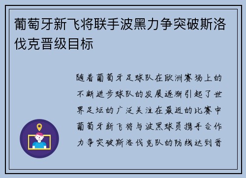 葡萄牙新飞将联手波黑力争突破斯洛伐克晋级目标