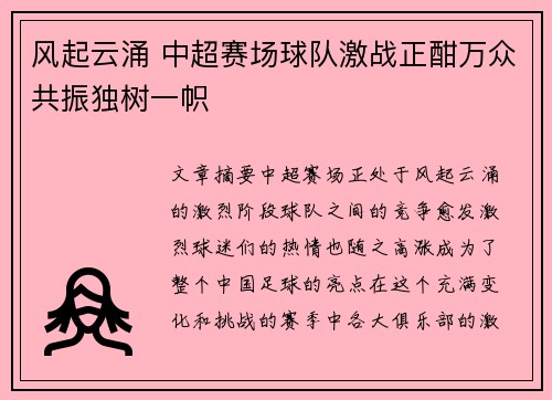 风起云涌 中超赛场球队激战正酣万众共振独树一帜
